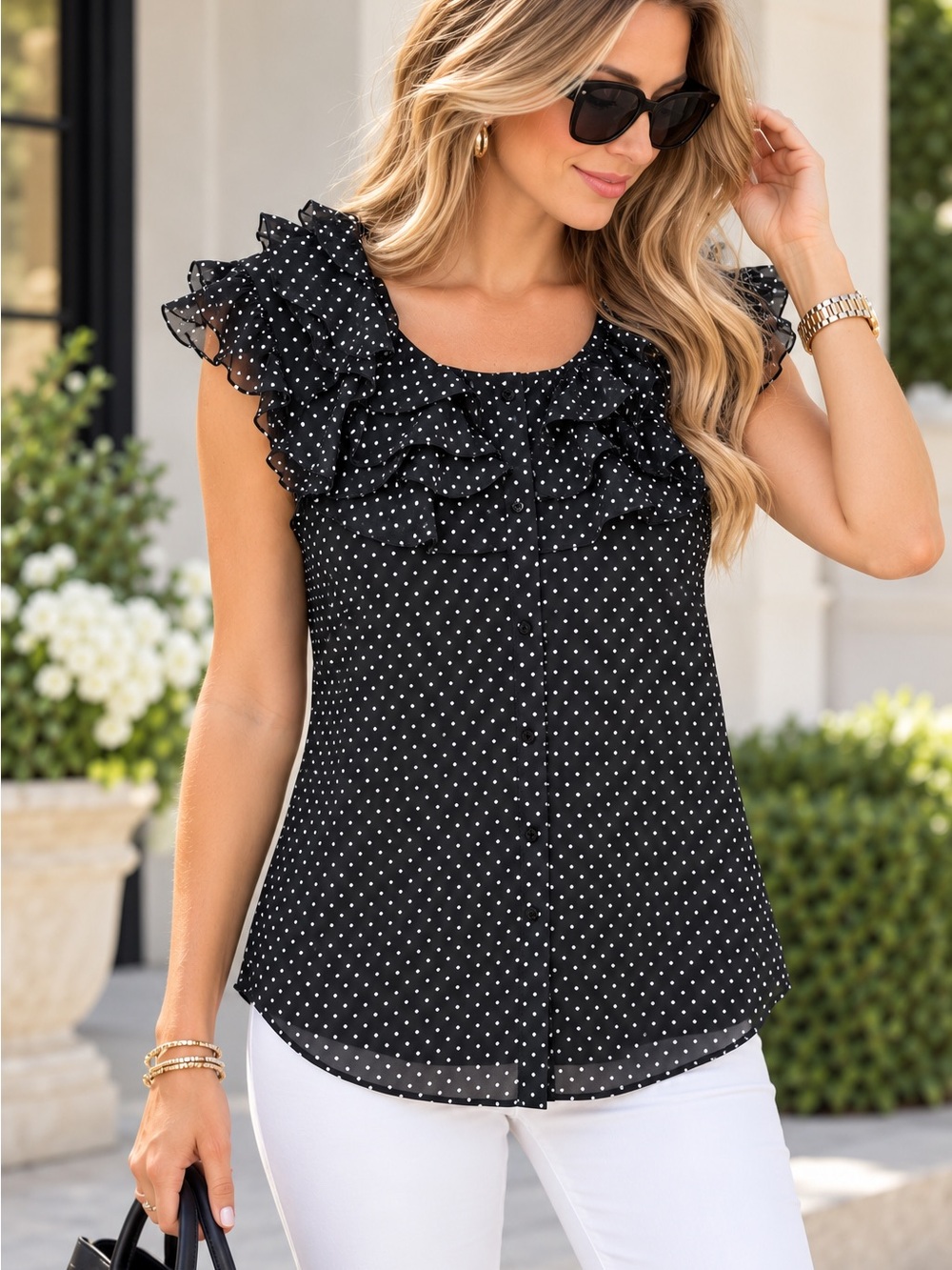 Ann Taylor Black Polka Dot Ruffle Camisole